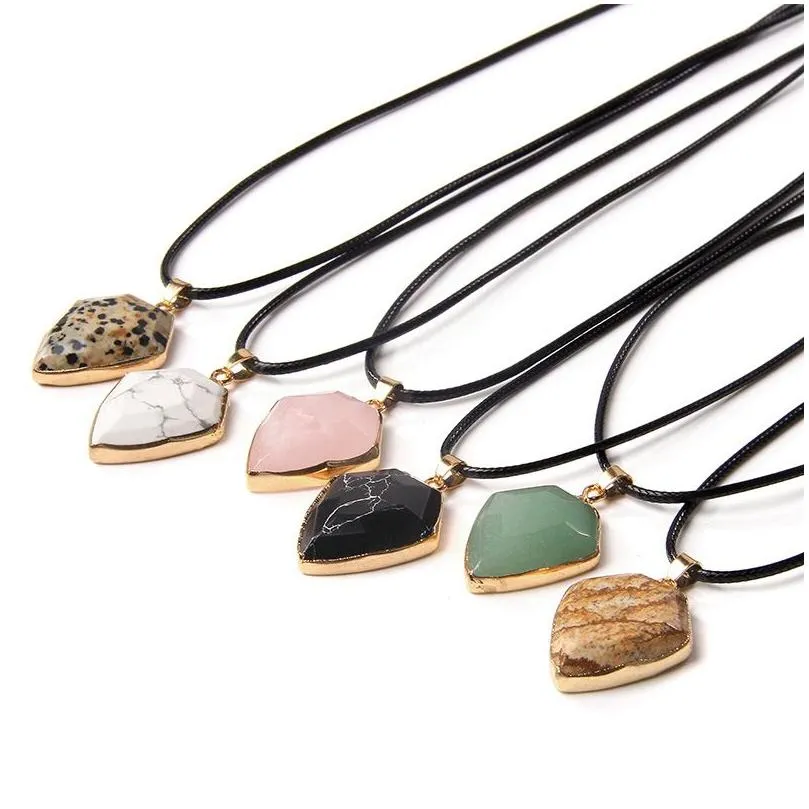 Gold Edged Natural Crystal Stone shield Shape Necklace Rose Quartz Hexgonal Pendant Necklace for Women Men Jewelry Gifts