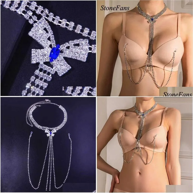 Stonefans Blue Rhinestone Nipple Jewelry Non Piercing Harness Necklace Crystal Body Chain Chest for Women Rave Outfit