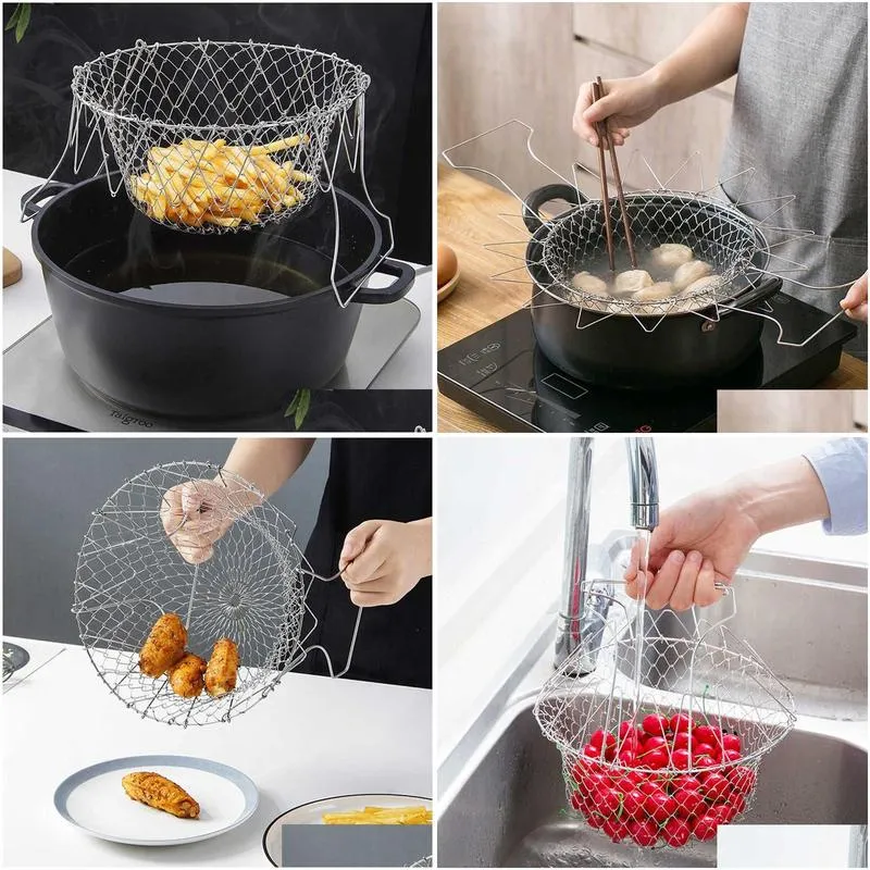 Foldable Steam Rinse Strain Stainless Steel Folding Frying Basket Colander Sieve Mesh Strainer Kitchen Cooking Tools Accessories