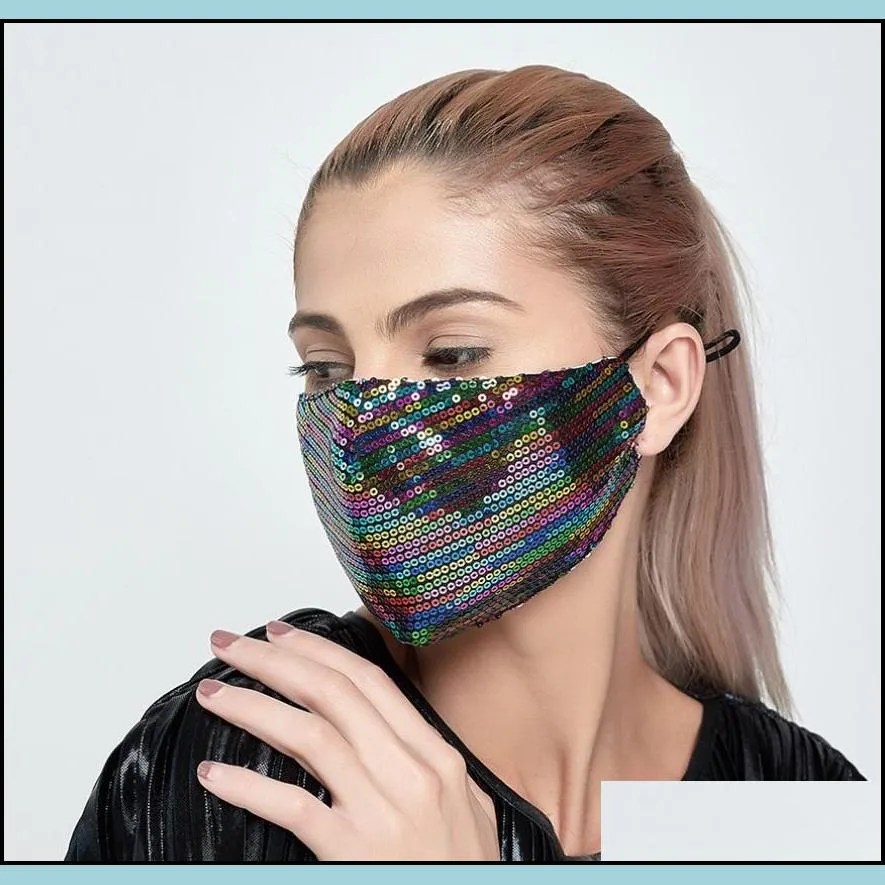 shiny colorful sequins face mask washable reuse pm2.5 face mouth cover cotton protective masks elastic earloop antipollution