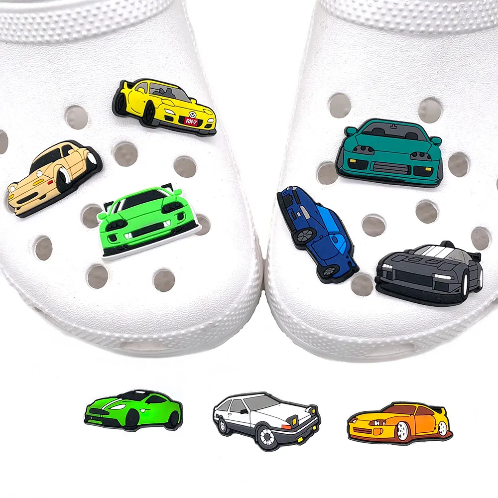 hot 1pcs jdm cool sports car pvc shoes charms funny diy cartoon accessories jibz for croc clogs shoe decorations man kids gifts