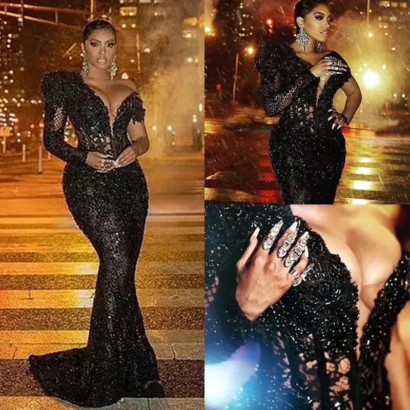 Sparkle Black Evening Dresses Beaded One Shoulder Sleeve Lace Corset Sexy Engagement Dress Illusion Mermaid Prom Party Gowns For Women