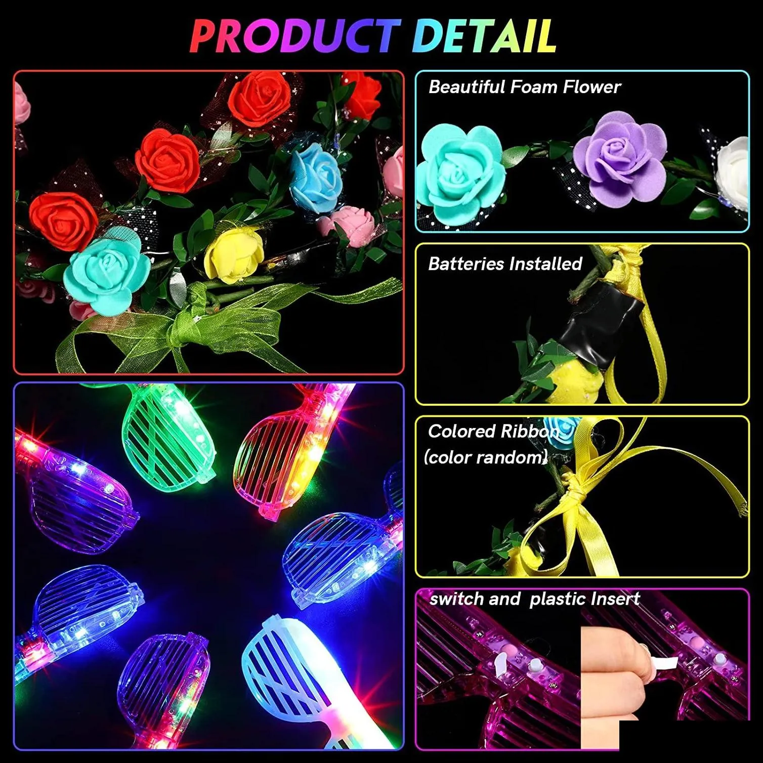 led light up party glasses flower crown decoration glow in the dark flashing headband eyewear for wedding birthday festival neon party