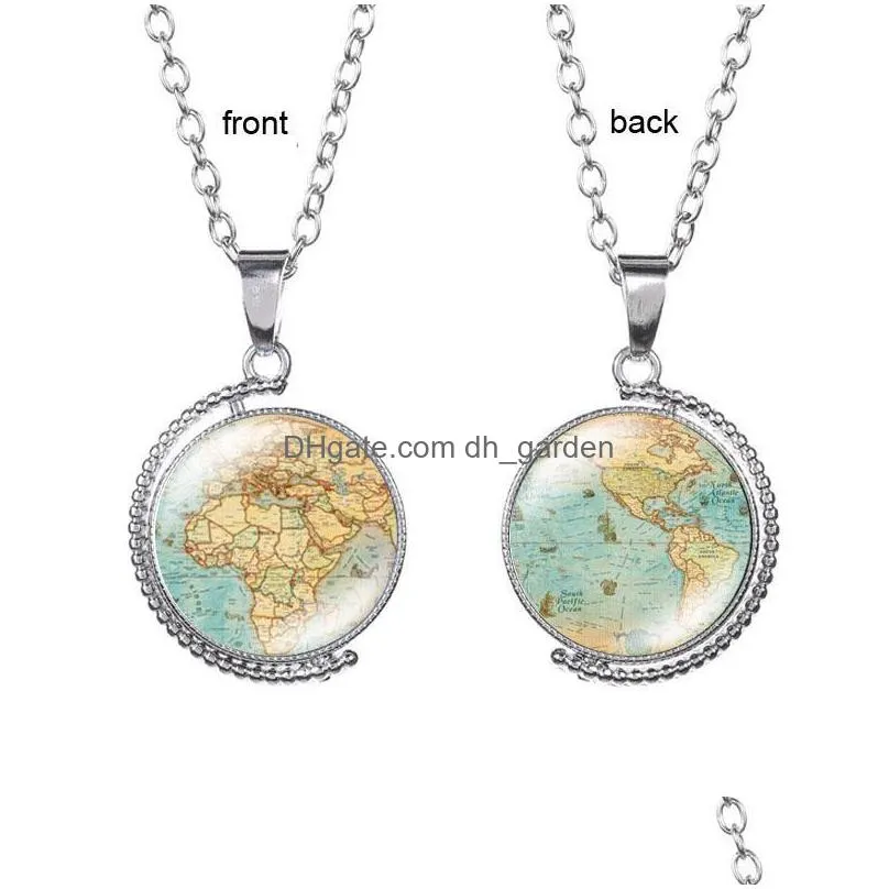 vintage double sided necklace world map necklaces pendants jewelry glass cabochon rotatable earth pendant choker for women