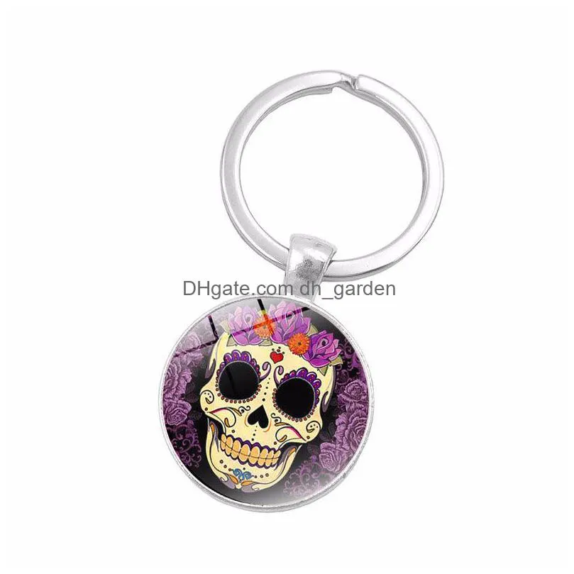 sugar candy skull head keyrings punk style skull pattern key ring skeleton time gem cabochon keychain