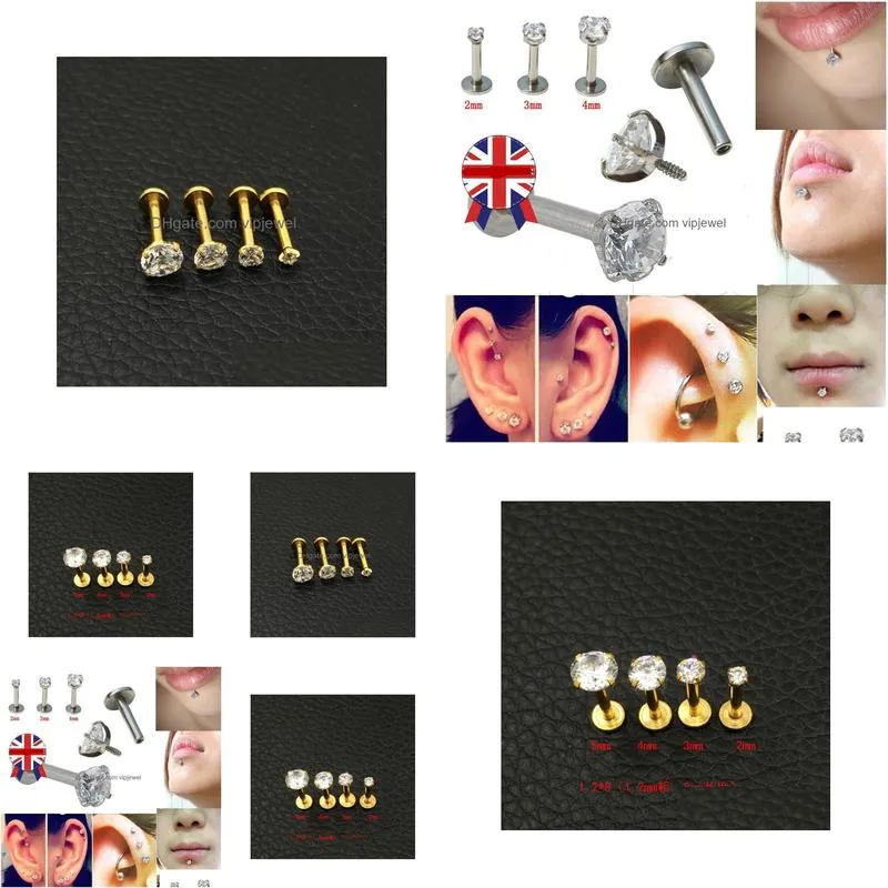 crystal cz gem lip stud gold labret tragus earrings 316l stainless steel zircon lip nail medical steel nails round 2mm 3mm 4mm