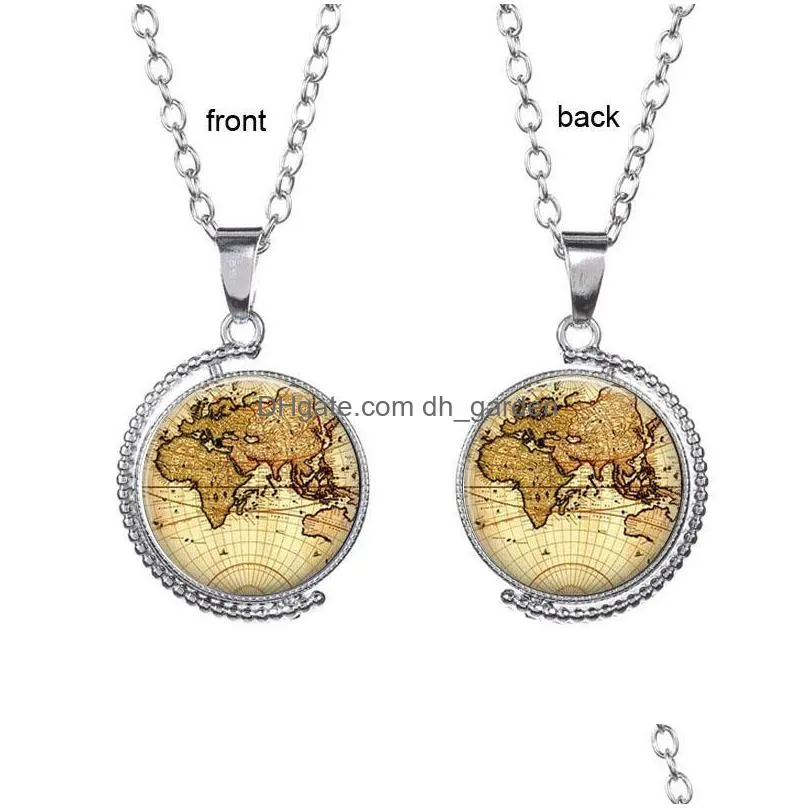 vintage double sided necklace world map necklaces pendants jewelry glass cabochon rotatable earth pendant choker for women