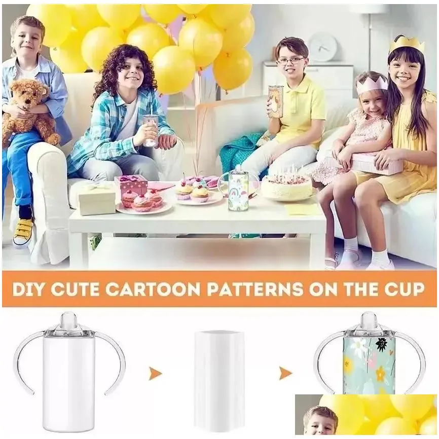 Tumblers 12Oz Sublimation Blank Insated Sippy Cups Stainless Steel Kids Tumbler With Handles Double Wall Vacuum Mugs Bb0417 Drop Deliv Dhkny