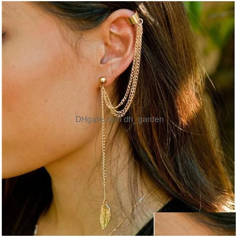 novelty leaves earrings long tassels ear clip silver gold color stud earrings for women gift jewelry dhs