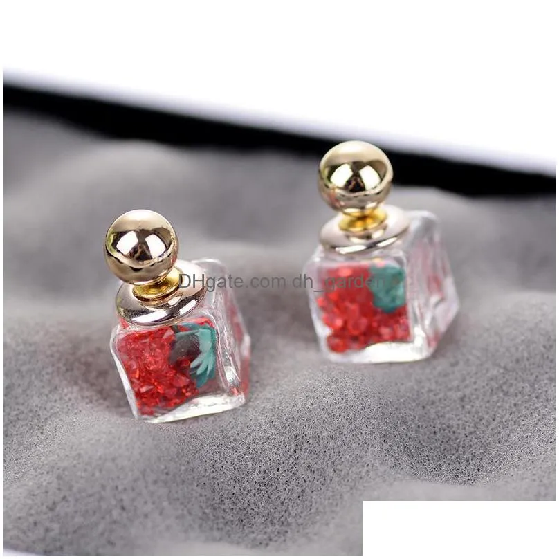 dry flower glass stud earrings double side crystal quicksand ear stud fashion design perfume bottle ear stud