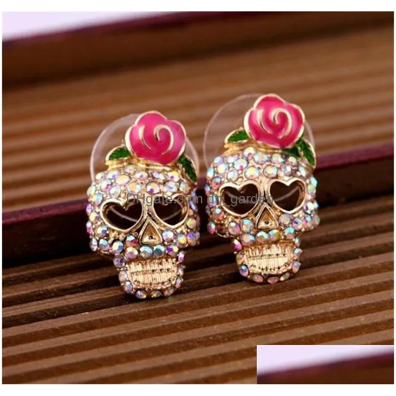 cute pink rose skull ear studs rhinestone rose skeleton earrings fashion jewelry ear stud for women girls