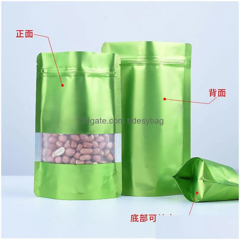 9 size green stand up aluminium foil bag with clear window plastic pouch zipper reclosable food storage packaging bag lx2693