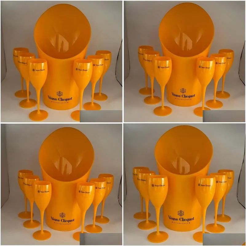 1 ice bucket 6 small glass party coupes cocktail champagne flutes goblet plastic orange whiskey cups and cooler