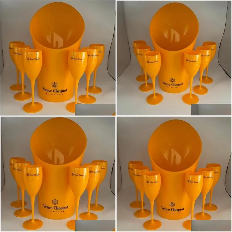 1 ice bucket 6 small glass party coupes cocktail champagne flutes goblet plastic orange whiskey cups and cooler
