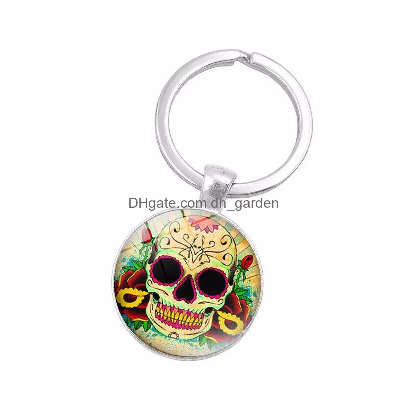 sugar candy skull head keyrings punk style skull pattern key ring skeleton time gem cabochon keychain