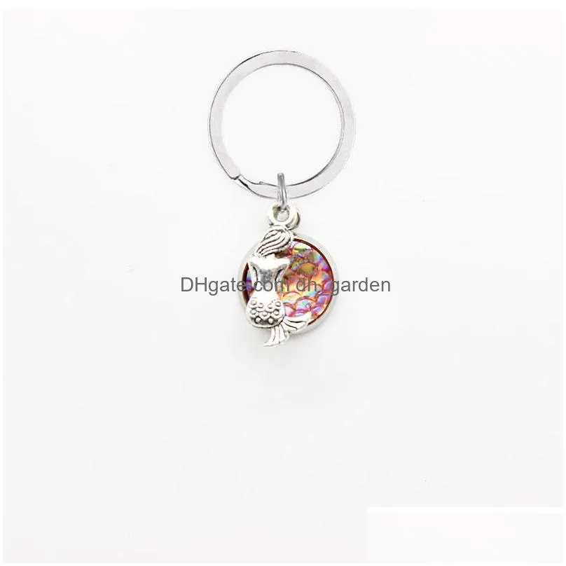 different color ocean sea mermaid fish scale cabochon charm key rings fashion jewelry keychains gift for girls and women