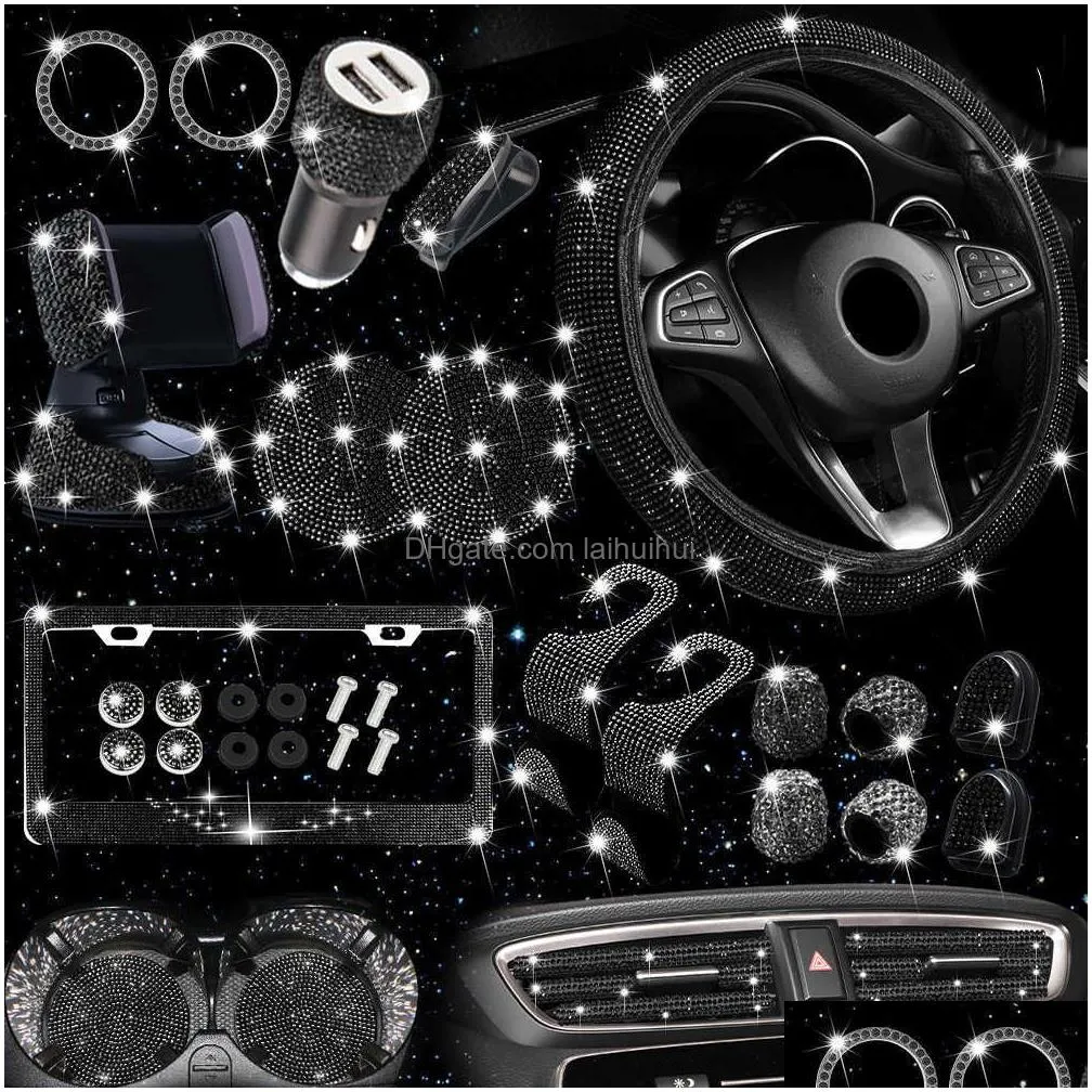  27pcs bling car accessories set for women steering wheel cover license plate frame car vent decor phone holder hook usb c loading=