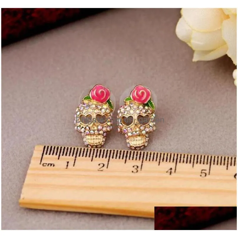 cute pink rose skull ear studs rhinestone rose skeleton earrings fashion jewelry ear stud for women girls