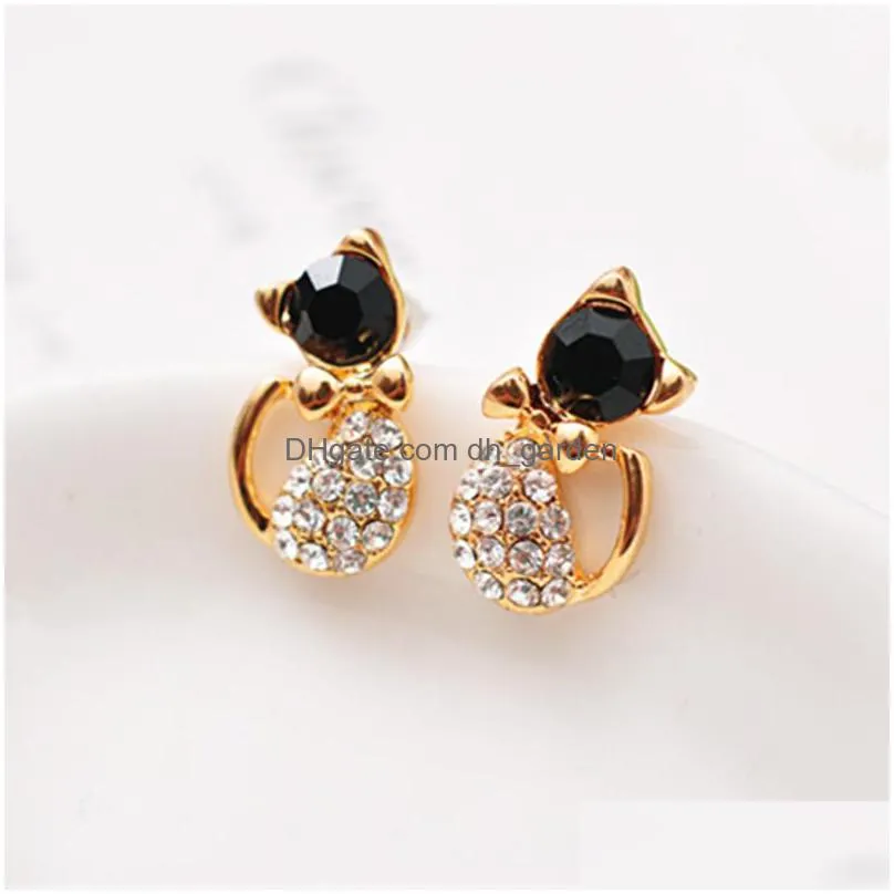 black crystal cat stud earrings lovely rhinestone cat stud earrings cat bow crystal ear stud for women