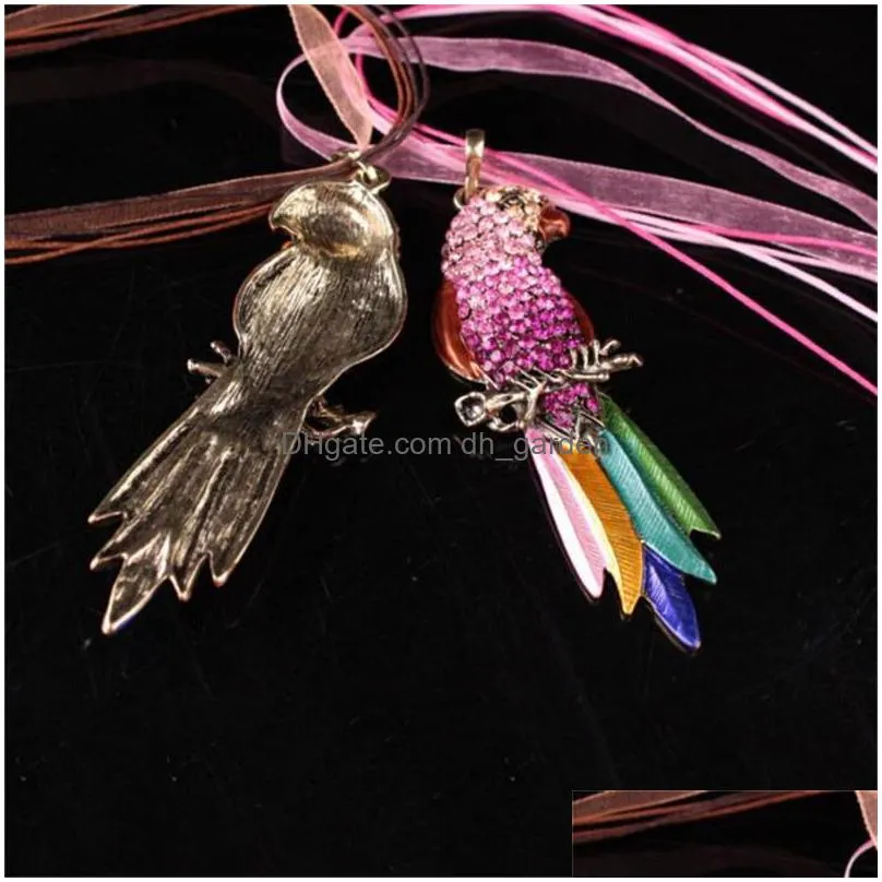 vintage jewelry fashion long parrot sweater necklace pet bird pendan necklace colourful enamel crystal animal parrot pendant necklaces