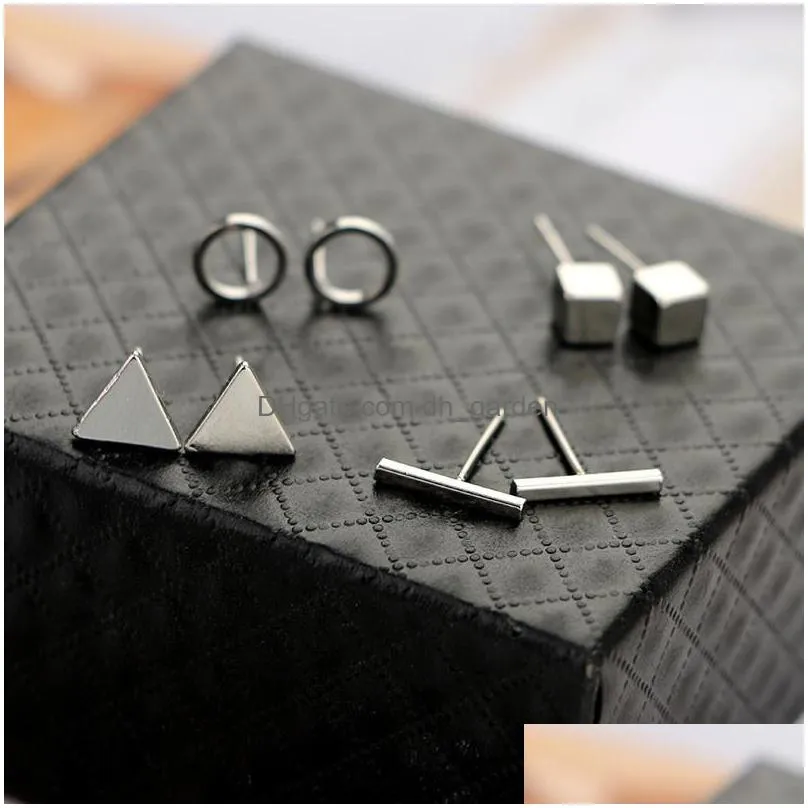 new round triangle studs earrings shaped silver gold black color alloy stud earring for women ear jewelry 4 pairs