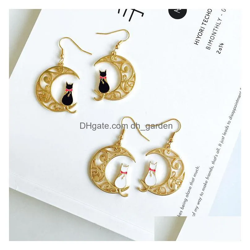 black white cat earrings for women lovely cat dangle earrings kawaii cartoon animal cat moon drop earings jewelry