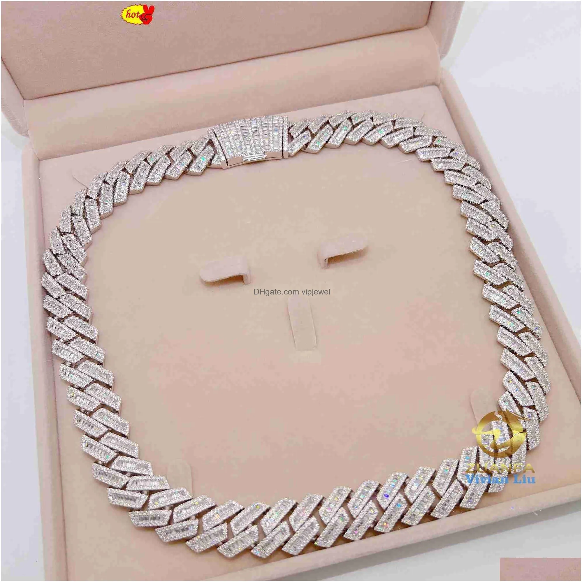 15mm 18mm 19mm hip hop fine jewelry baguette diamond men necklace sterling silver fully vvs moissanite luxury cuban link chain