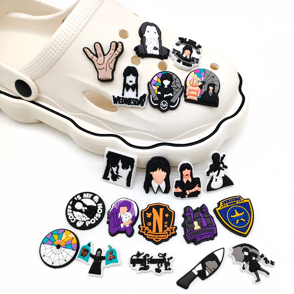 new jibz 1pcs american drama wednesday croc shoe charms pvc cartoon diy sandals accessories clogs decorations boy kid adult gift