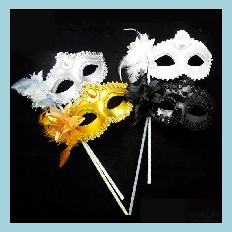 venetian masquerade dance ball mask wedding party fancy dress eyemask on stick masks lily flower lace feather held stick mask