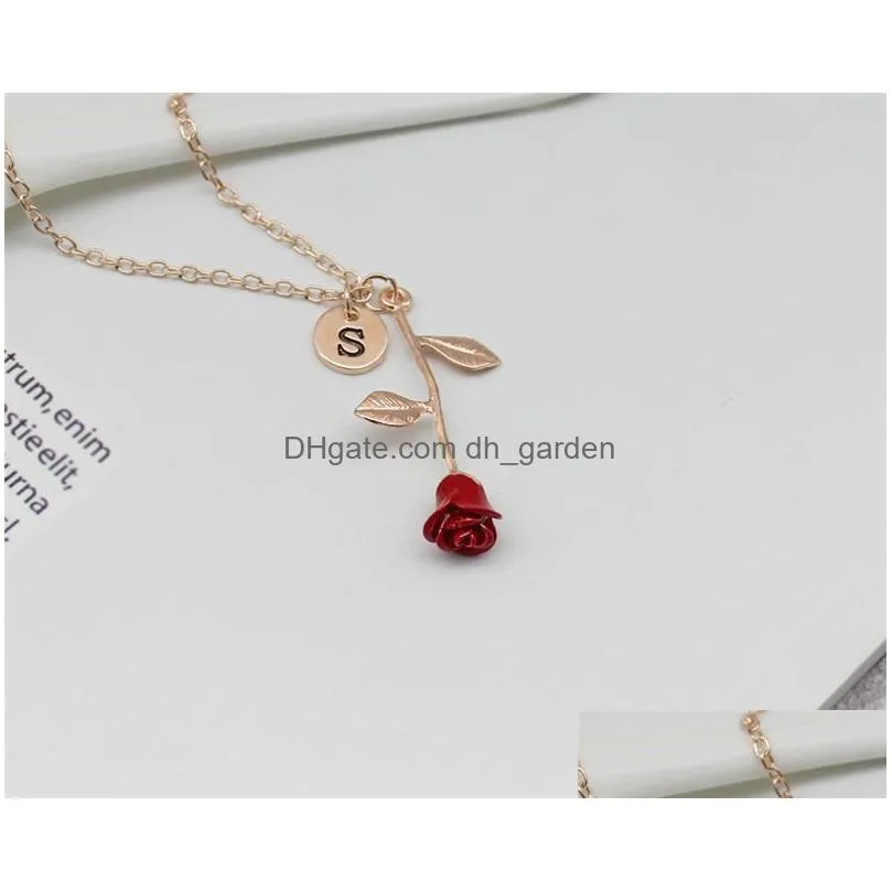 3colors red rose flower pendant necklace with letter attractile alloy statement necklaces cute jewelry best gift for girls