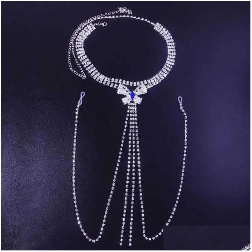 Stonefans Blue Rhinestone Nipple Jewelry Non Piercing Harness Necklace Crystal Body Chain Chest for Women Rave Outfit