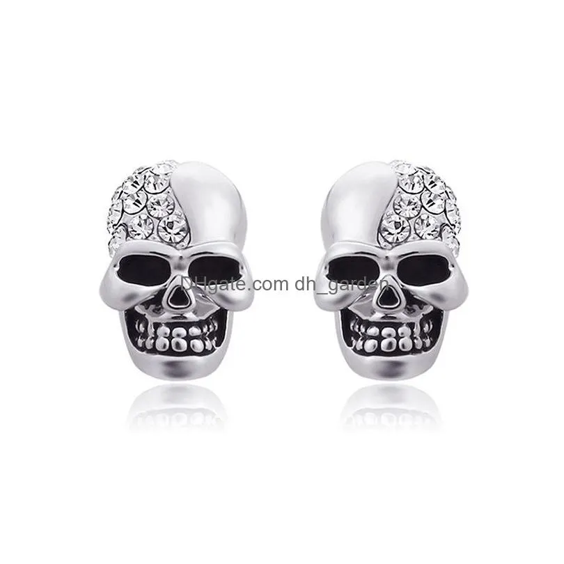 crystal skull stud earrings for women men personality gold silver rose gold color skull piercing ear studs halloween skull earrings