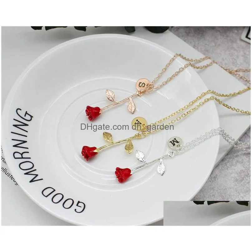 fashion red rose flower pendant necklaces with letters alloy choker necklace bijoux women jewellery collares mujer accessories