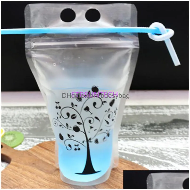450 ml 7 style plastic drink packaging bag pouch for beverage juice milk coffee with handle and holes for straw lx0608