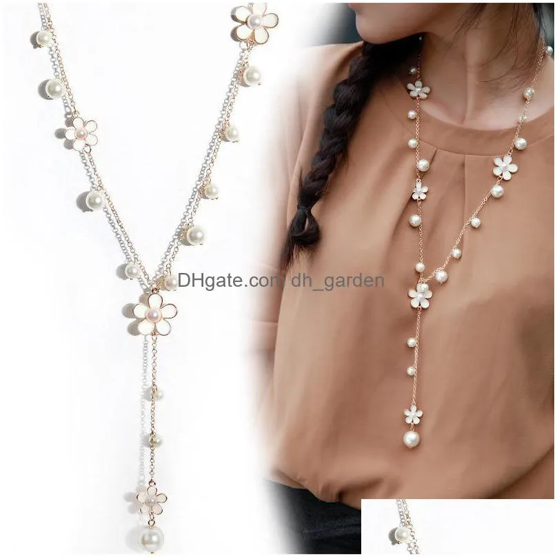 beautiful camellia imitation pearls long beaded necklace fine sweater chain choker statement necklace for women gift