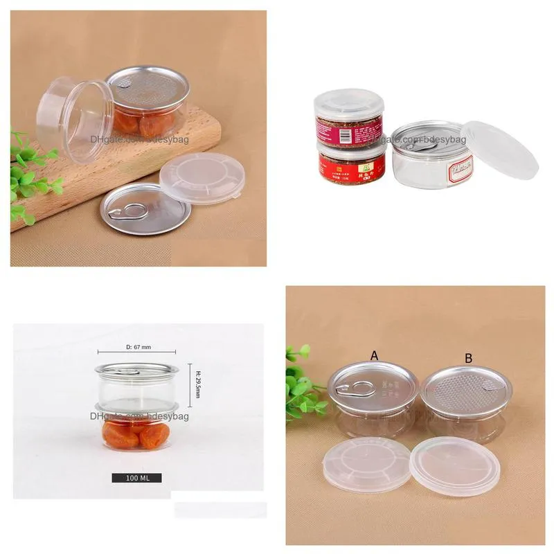 clear plastic jar pet with metal lid airtight tin can pull ring concentrate container food herb storage 100ml w0101