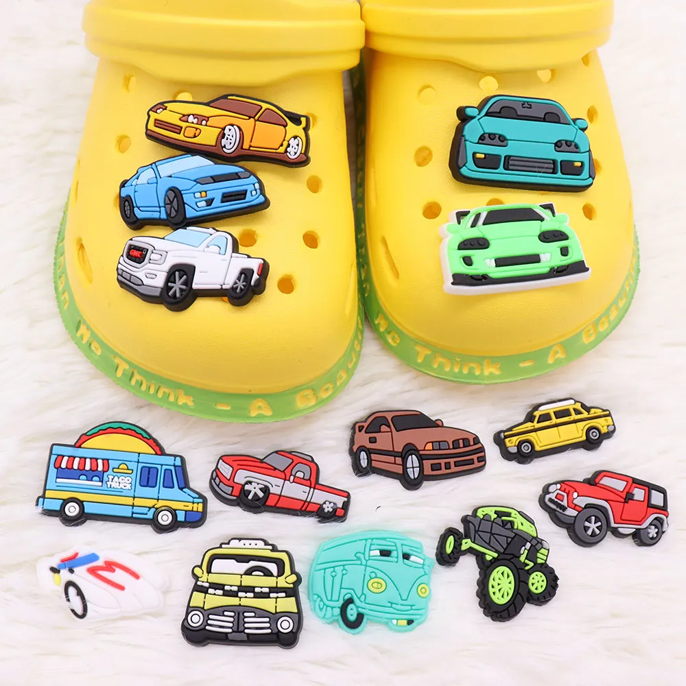 single sale 1pcs pvc transportation croc charms kawaii car racing sports car van truck bus kids party xmas gifts hole slipper