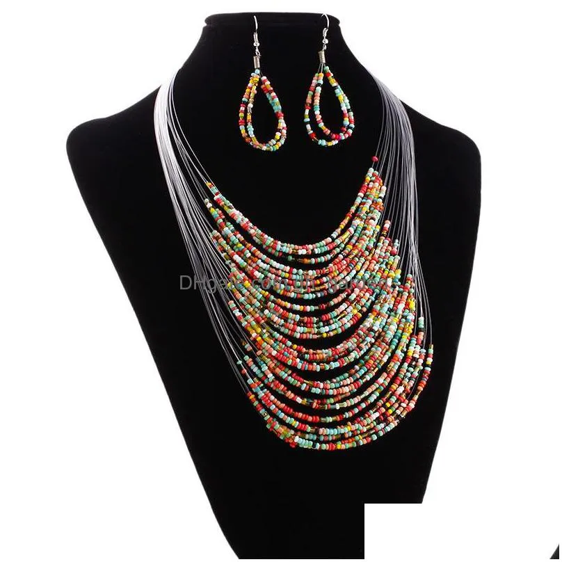  vintage jewelry sets bohemian crystal chocker multilayer colorful beads statement necklace earrings set for women