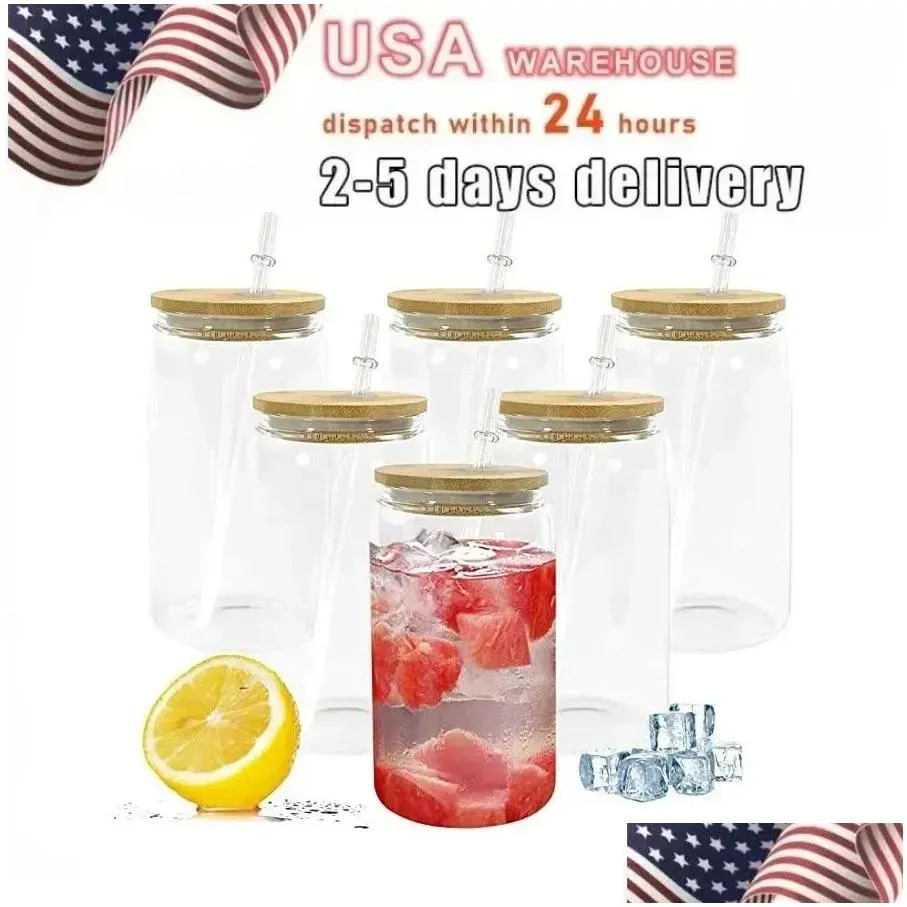 Mugs Us Ca Stock 16Oz Sublimation Glass Beer Mugs With Bamboo Lid St Tumblers Diy Blanks Frosted Clear Can Cups Heat Transfer Cocktail Dhyah