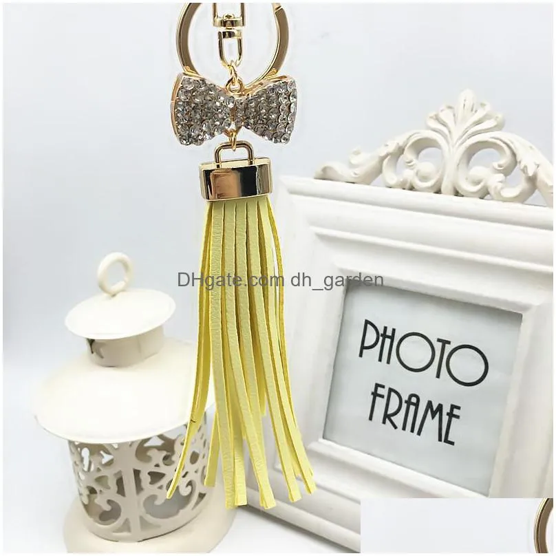 luxurious leather long tassels car hanging with bow key chains alloy key ring keychains jewelry for bags car phone decoration