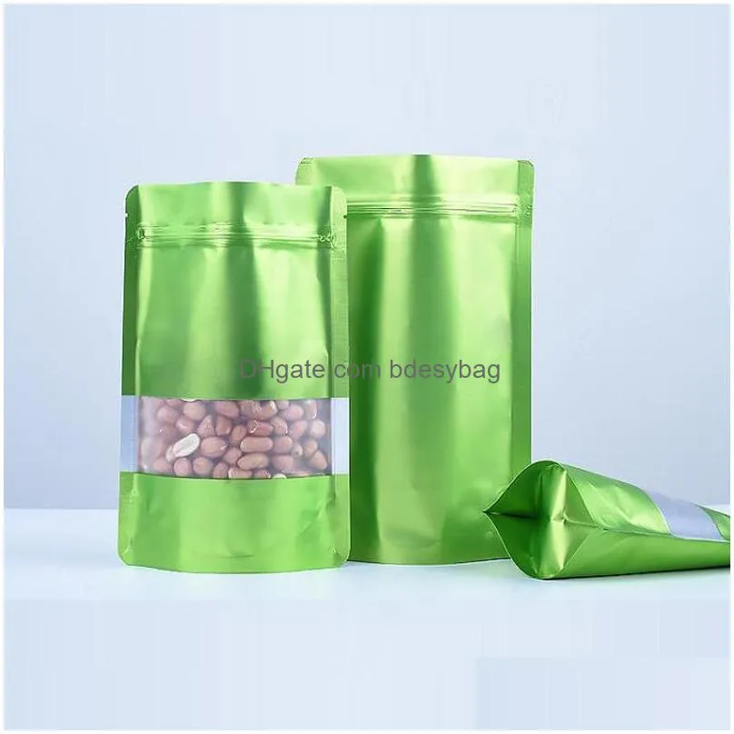 9 size green stand up aluminium foil bag with clear window plastic pouch zipper reclosable food storage packaging bag lx2693