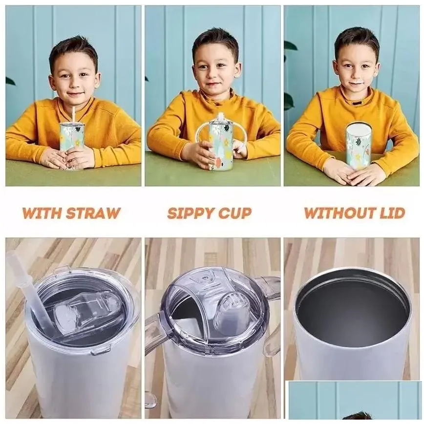 Tumblers 12Oz Sublimation Blank Insated Sippy Cups Stainless Steel Kids Tumbler With Handles Double Wall Vacuum Mugs Bb0417 Drop Deliv Dhkny