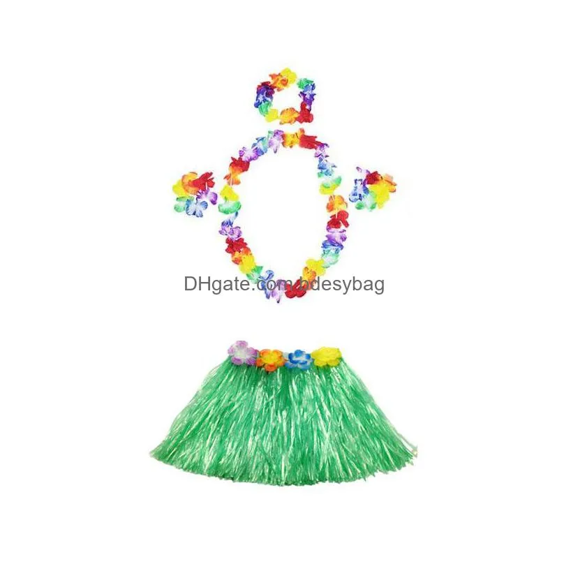 30 sets 30cm hawaiian hula grass skirt add 4pc lei set for child luau fancy dress costume party beach flower garland set za1581