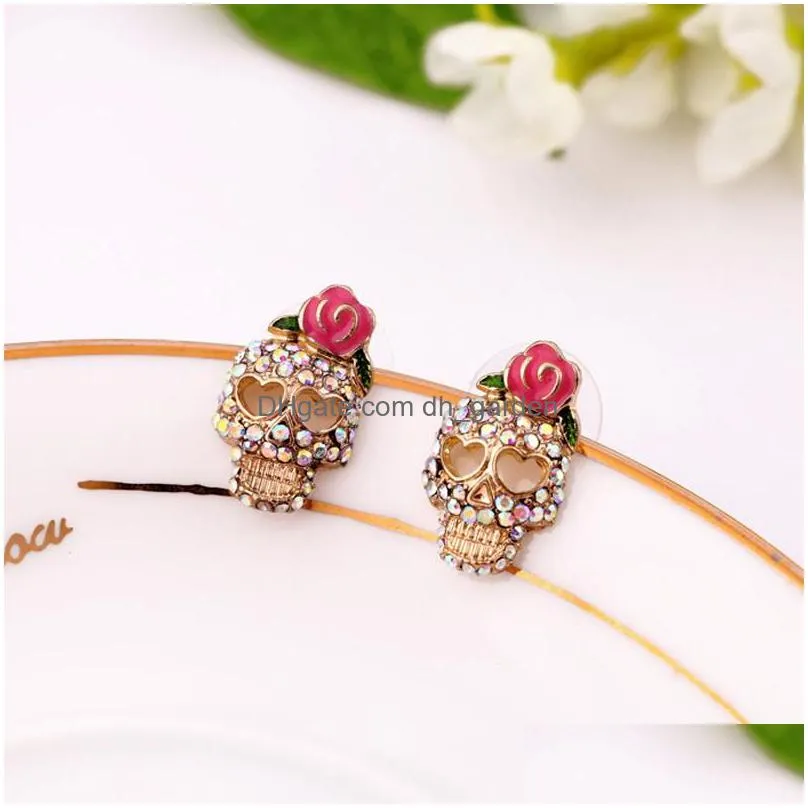 cute pink rose skull ear studs rhinestone rose skeleton earrings fashion jewelry ear stud for women girls