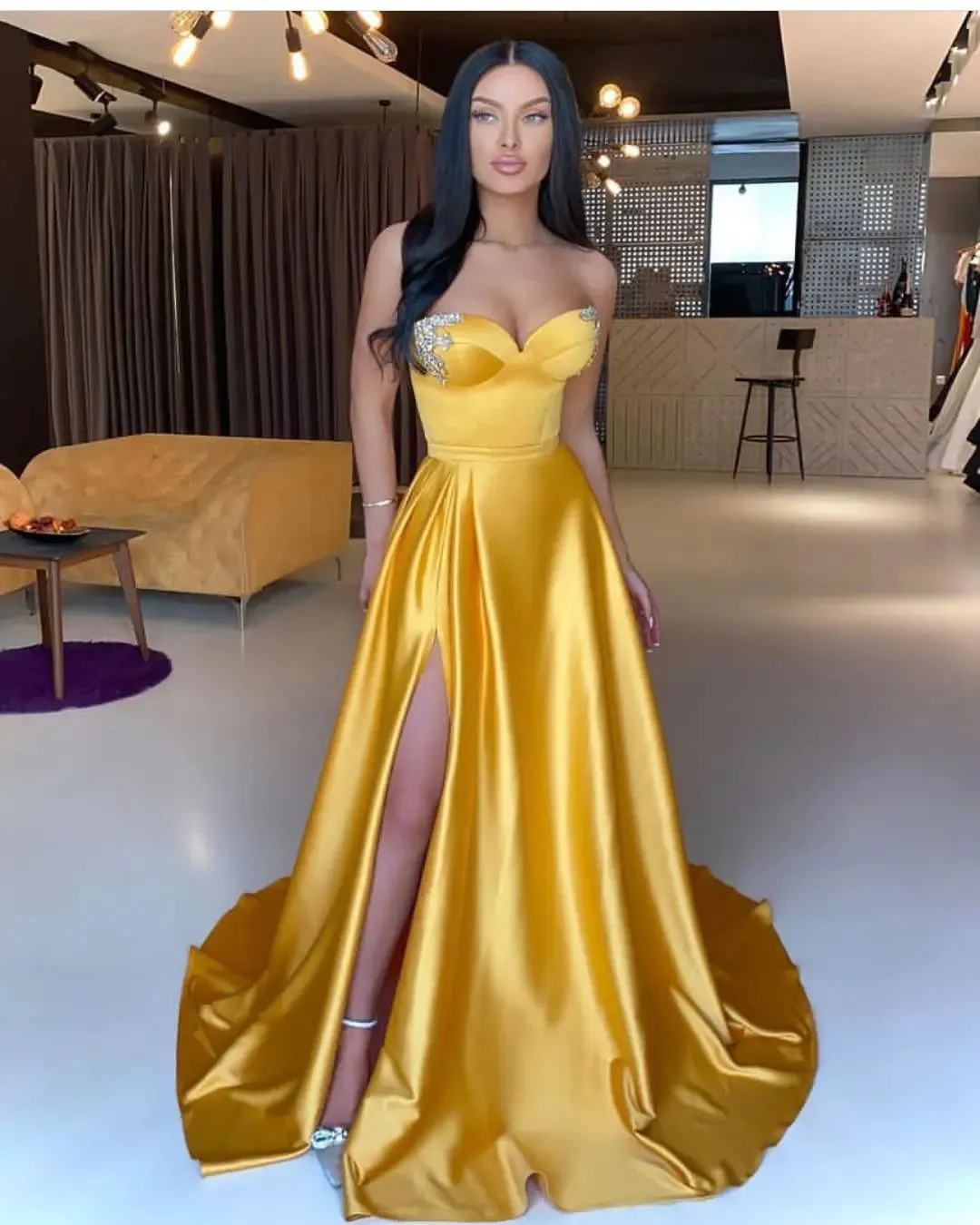 Sexy Yellow Plus Size Mermaid Prom Dresses for Women Sweetheart Beaded Pleats High Side Split Floor Length Special Occasion Formal Evening Pageant Gowns Custom