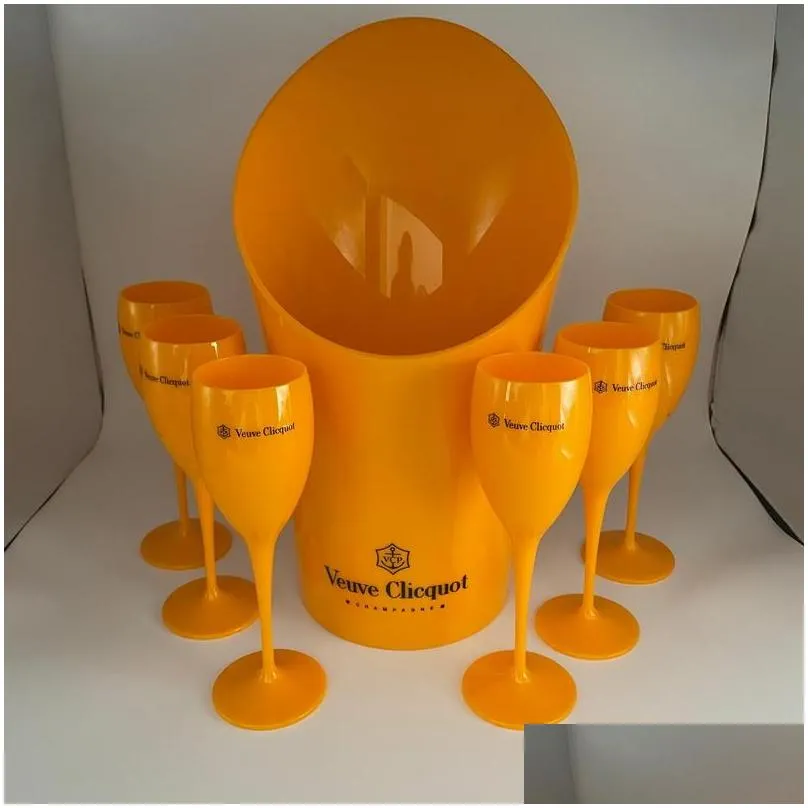 1 ice bucket 6 small glass party coupes cocktail champagne flutes goblet plastic orange whiskey cups and cooler