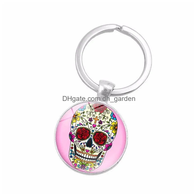 sugar candy skull head keyrings punk style skull pattern key ring skeleton time gem cabochon keychain