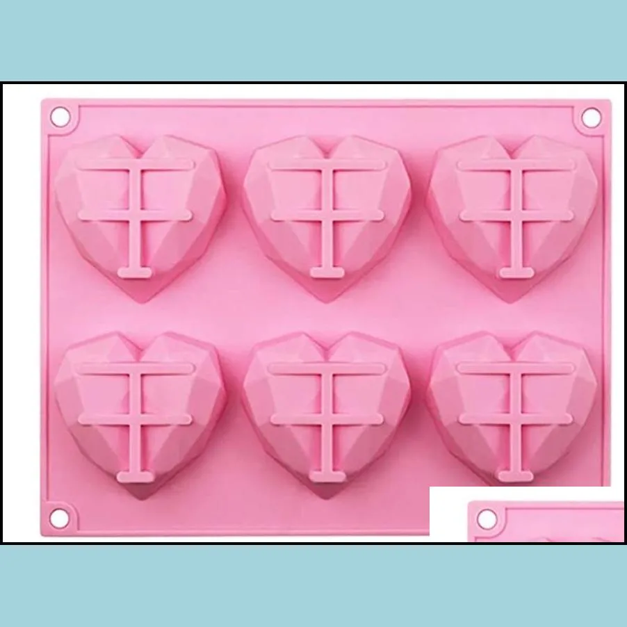 6 cavity 3d diamond heart shape mould 100% foodgrade silicone dessert mold nonstick easy release mold cake candy ice cube soap tray