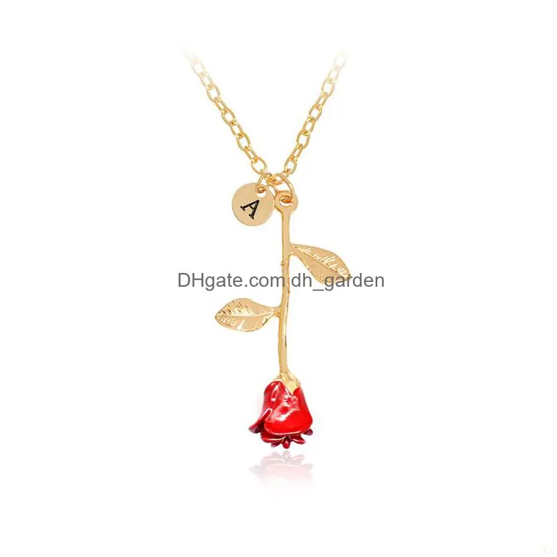 3colors red rose flower pendant necklace with letter attractile alloy statement necklaces cute jewelry best gift for girls