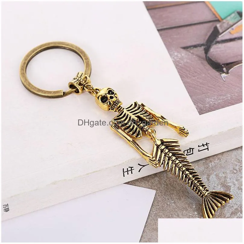 punk skull mermaid keychain alloy skull key chain metal mermaid keychain fashion accessories classic design mermaid keyrings